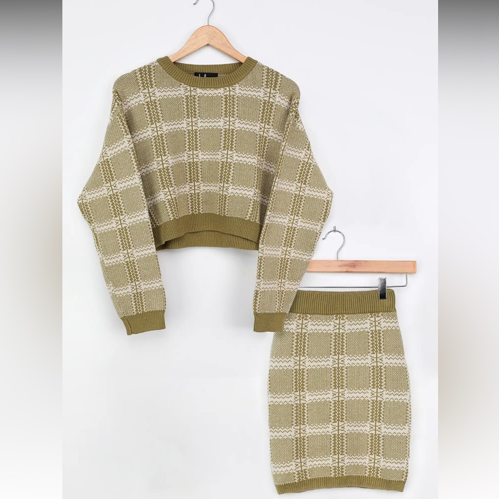 NWT | Lulus Best Match Green Plaid Two-Piece Long Sleeve Sweater/Skirt Set (XS)